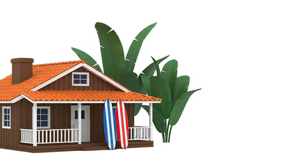 Beach House with Surfboards and Tropical Plants