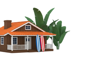 Beach House with Surfboards and Tropical Plants