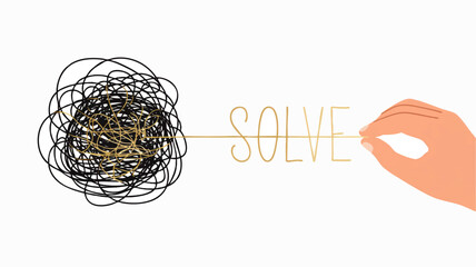 Hand untangling chaos into word SOLVE, problem solving concept illustration on transparent background, minimal linear design