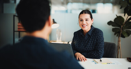 Interview, woman and people in office with laptop for recruitment, finance career or hiring offer....