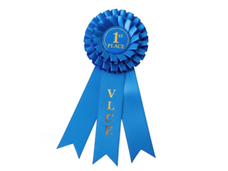 Bright blue first place award ribbon rosette with streamers featuring gold lettering isolated on transparent background