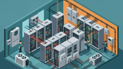 Obraz premium Isometric illustration of data center infrastructure with servers and networking equipment.