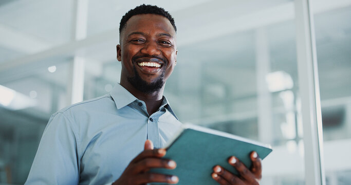 Black man, tablet and smile in office with portrait, report and bookkeeping as accountant. Business person, management and tech for finance agency, app and investment opportunity for payroll in job