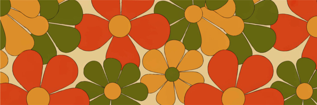 Retro floral seamless pattern with bold orange green red daisies, playful 70s flower power background for textile wallpaper and decor