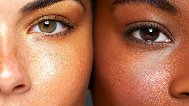 Two womens faces in different skin tones, portraying diversity and unity. Suitable for promoting inclusivity and diversity in beauty and fashion campaigns.
