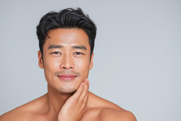 Portrait of a cheerful asian man casually touching his face with a gentle smile. Suitable for skincare products or positive lifestyle concepts.
