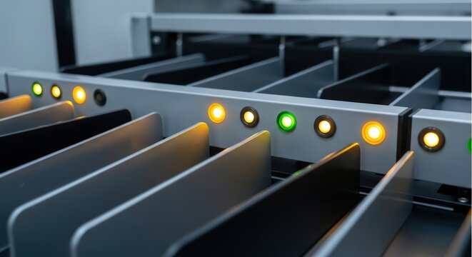 System monitoring array with illuminated indicators displaying statuses of server racks - Powered by Adobe
