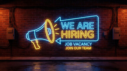 We are hiring sign with a megaphone graphic illuminated in blue neon lights against a dark backdrop for employment opportunities