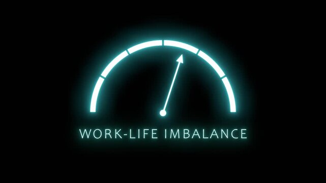 Work life imbalance meter showing big risk levels. Increasing values of work life imbalance, critical overload. Too much, off the charts. Abstract meter scale with arrow. Social and medical concept.