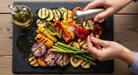 Seasoning a symphony of vibrant grilled vegetables on a slate board preparing healthy meal