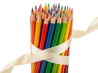 A vibrant bundle of sharpened colored pencils tied together with a beige satin ribbon, isolated on transparent background