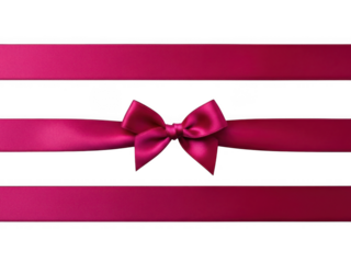 Vibrant magenta satin ribbon tied in a perfect bow centered between two horizontal ribbon strips, isolated on transparent background