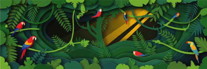 Fototapeta premium Colorful parrots and toucan in lush tropical jungle foliage, vibrant rainforest wildlife background, exotic nature paper cut illustration