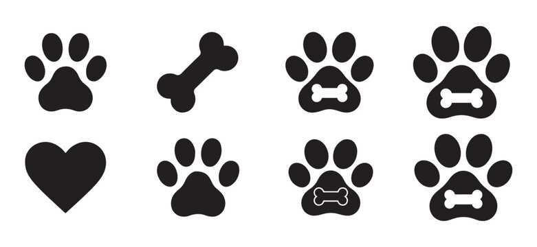 Vector set of dog paw prints, bone and heart icons. Minimalist black silhouettes for pet care, veterinary clinic branding, and animal love designs. Isolated on white background.