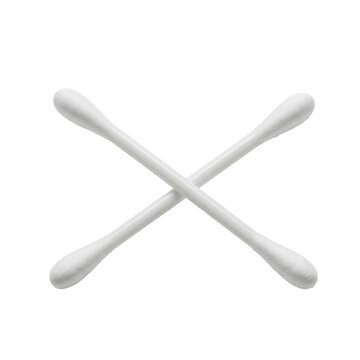 Two ultra-fluffy white cotton swabs crossed in an 'X' on a transparent background with abundant copy space. Concept of hygiene and cosmetic care