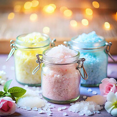Homemade bath salts in glass jars with pastel colors and soft bokeh lights