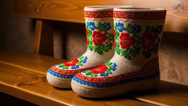 Colorful floral embroidered felt boots on wooden bench displaying traditional craftsmanship and artistry