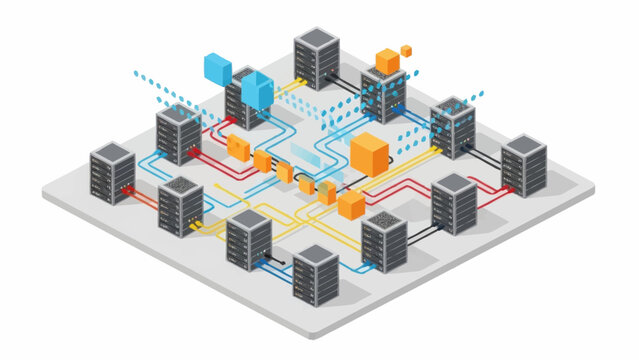 3D illustration of a network infrastructure with servers and data connections.