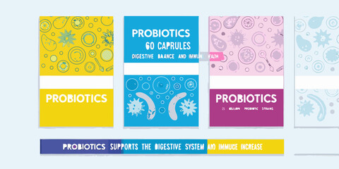 Colorful probiotic supplement packaging designs with microbial illustrations