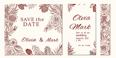 Elegant floral save the date cards with pinecones and rose designs