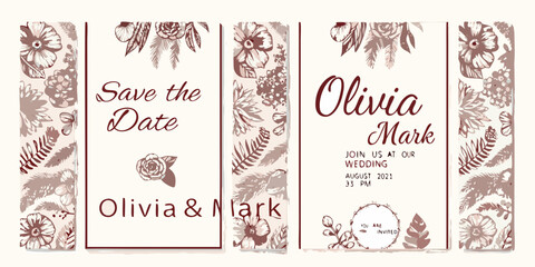 Floral wedding save the date cards with names and event details