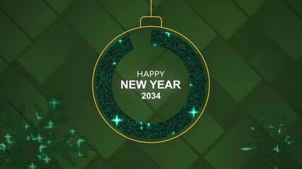 Happy New Year Glittery Ornament on Dark Green Background with Sparkling Stars and Glittering Text new year's 2034