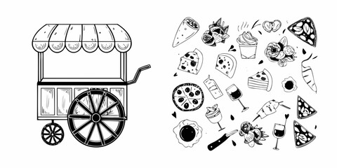 Vintage food cart illustration with various pizza dessert and drink sketches © John Lee