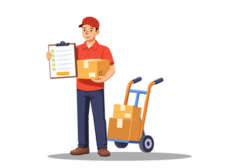 Friendly delivery man in red uniform holding a parcel box and clipboard with hand truck and packages, logistics and shipping service concept vector illustration.