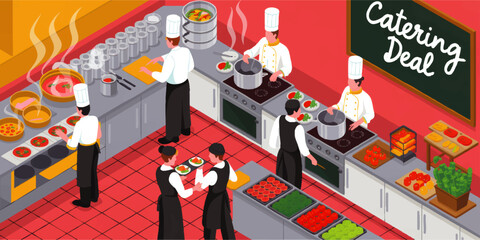 Isometric professional catering kitchen with chefs preparing meals and restaurant staff serving food for special event deal