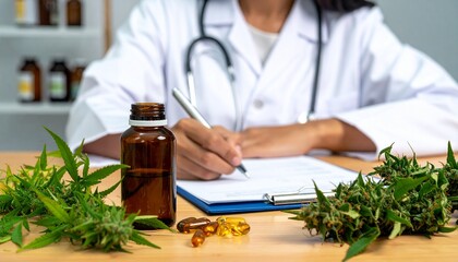 Doctor writing medical prescription for cannabis-based medicine, surrounded by hemp plants and CBD oil bottles.