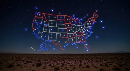 United States map illuminated by drones over desert landscape at night showcasing technological