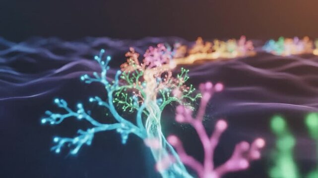 Abstract glowing neuron network with vibrant colors representing brain activity and digital connections.