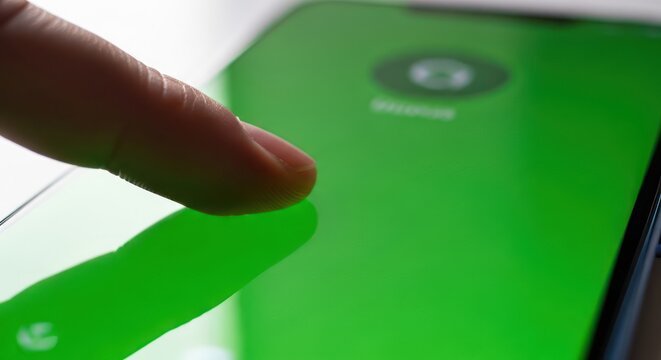 Finger engaging touchscreen interface of cellular device displays vivid green screen - Powered by Adobe