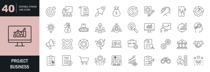 Project business icon set. Editable line icons. Vector illustration.