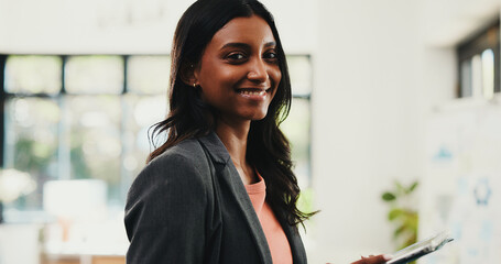 Portrait, smile or Indian woman in office with tablet, about us or pride in accounting career....