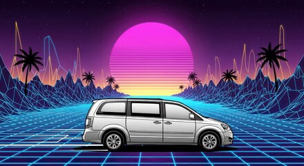 Retro wave aesthetic with minivan against a vibrant sunset and landscape backdrop