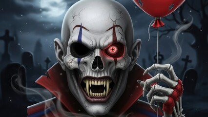 Terrifying skeletal clown with a red balloon standing amidst a dark graveyard landscape for a