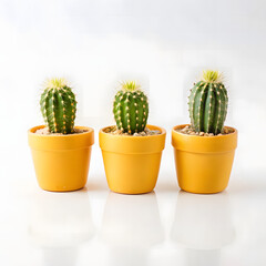 Three potted cacti in cheerful yellow pots against a clean white background