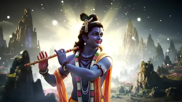 Hindu God Krishna playing flute.