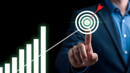 Businessman aiming at target with finger touching bullseye with red arrow next to bar graph
