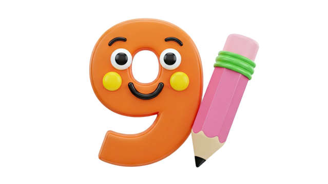 Cute 3D Number 9 with a Pink Pencil - Powered by Adobe