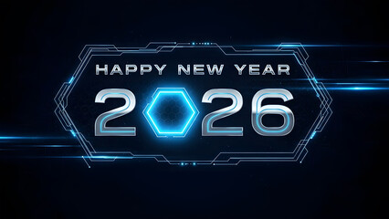 A high-tech sci-fi banner featuring metallic text and a glowing blue neon hexagon.