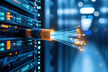 Close up of fiber optic cable connection in data center, showcasing vibrant light signals and advanced technology