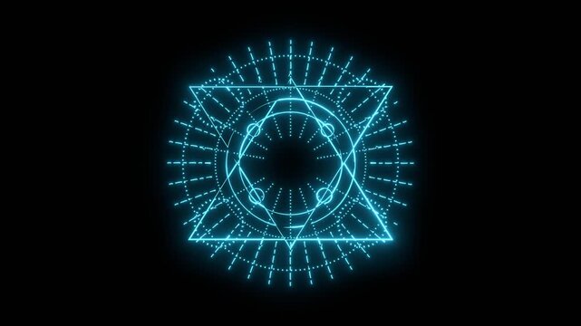 Neon glowing emblem. Mystical geometry symbol. Linear alchemy, occult, philosophical sign.