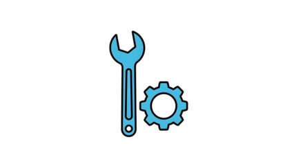 Glowing blue wrench and gear isolated on transparent background