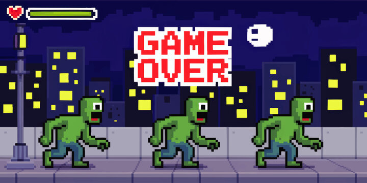 Retro pixel art game over screen with green zombie characters in night city, arcade video game background, 8 bit urban scene