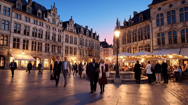 Evening square with ornate European fa?ades, warm caf? lights, and strolling crowds beneath dusk now
