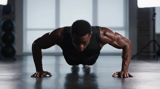A muscular man, in black athletic wear, performs a push-up in a well-lit gym