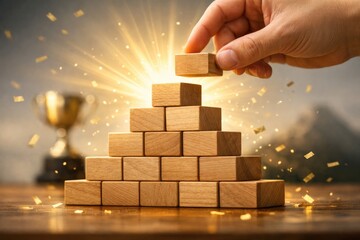 Building success with wooden blocks and golden confetti, award achievement concept wooden blocks.