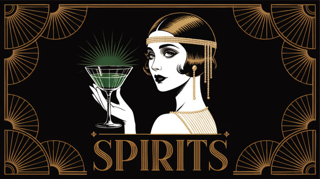 Art deco flapper holding cocktail glass, vintage roaring twenties spirits poster, elegant Great Gatsby bar and speakeasy party illustration